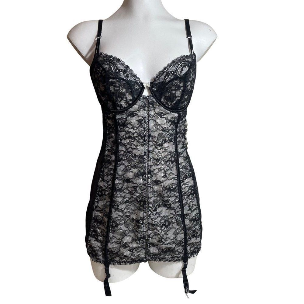 Victoria's Secret Black White Stretch Open Bottom Body Briefer with Garters 36C